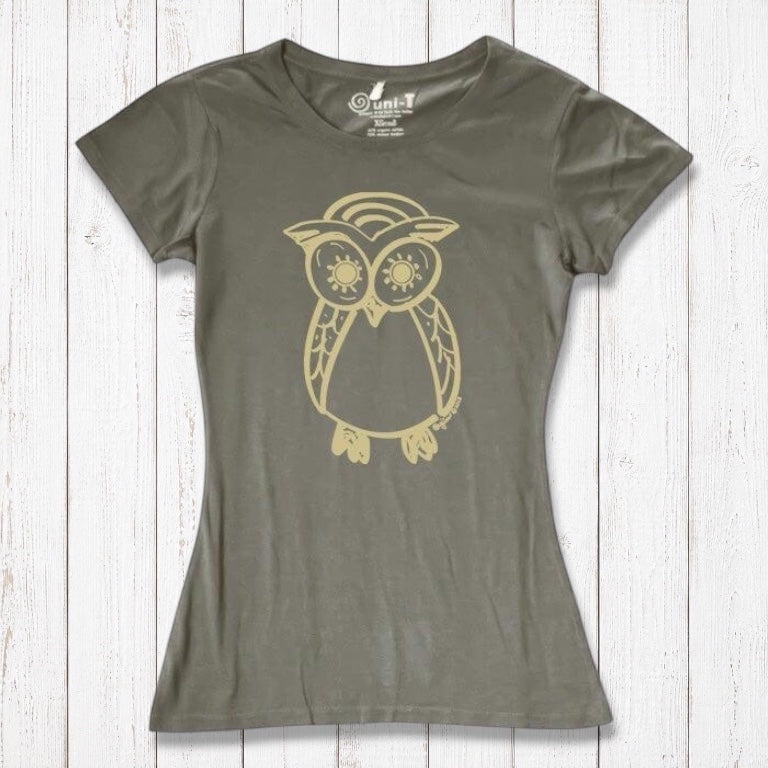 Olive green Women’s Owl T-Shirt in bamboo and organic cotton, featuring a gold owl graphic, eco-friendly apparel for bird lovers.