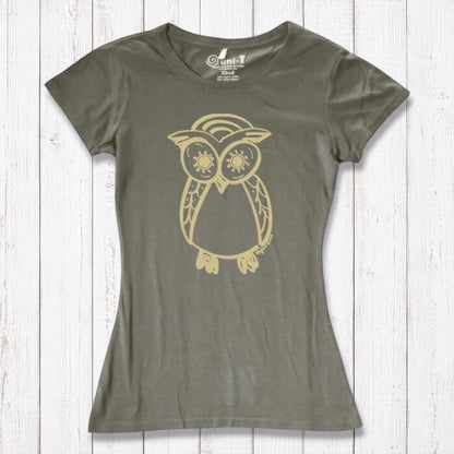 Olive green Women’s Owl T-Shirt in bamboo and organic cotton, featuring a gold owl graphic, eco-friendly apparel for bird lovers.