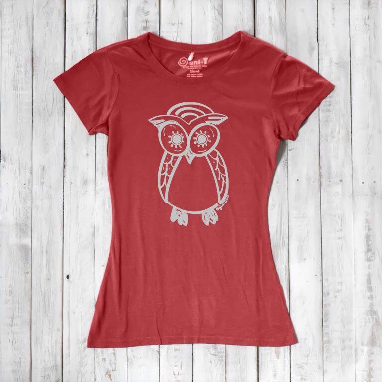 Coral red Women’s Owl T-Shirt with white owl print, made from bamboo and organic cotton, unique eco gift for wildlife lovers.