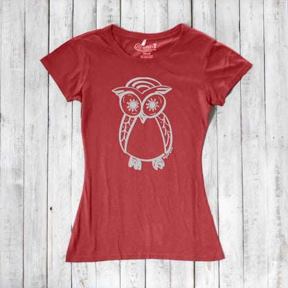 Coral red Women’s Owl T-Shirt with white owl print, made from bamboo and organic cotton, unique eco gift for wildlife lovers.