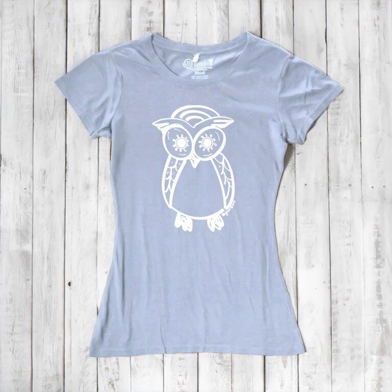 Light blue Women’s Owl T-Shirt in bamboo and organic cotton with white owl graphic, sustainable nature-inspired fashion by Uni-T.