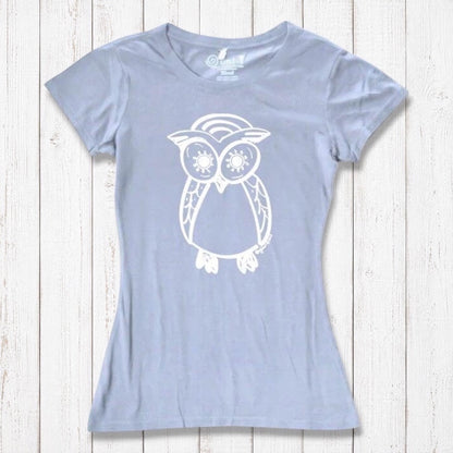 Light blue Women’s Owl T-Shirt in bamboo and organic cotton with white owl graphic, sustainable nature-inspired fashion by Uni-T.