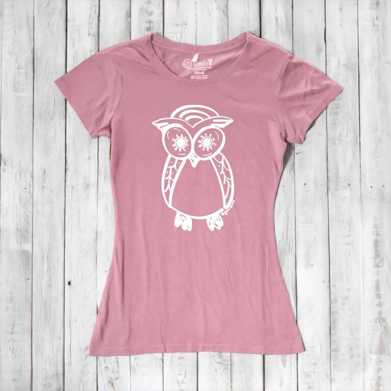 Pink Women’s Owl T-Shirt with white owl design, made from bamboo and organic cotton, eco-friendly top for nature and bird lovers.