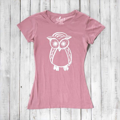 Pink Women’s Owl T-Shirt with white owl design, made from bamboo and organic cotton, eco-friendly top for nature and bird lovers.