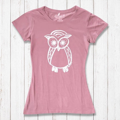Pink Women’s Owl T-Shirt with white owl design, made from bamboo and organic cotton, eco-friendly top for nature and bird lovers.