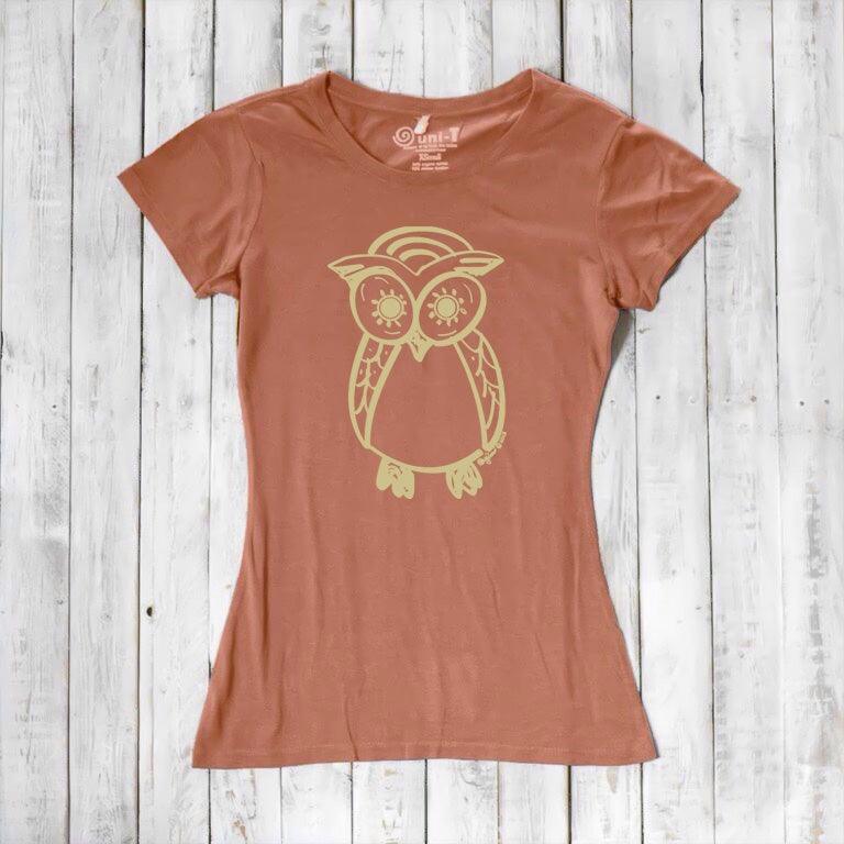 Terracotta Women’s Owl T-Shirt in bamboo and organic cotton with gold owl print, sustainable wildlife-themed gift for women.