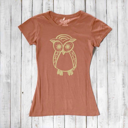 Terracotta Women’s Owl T-Shirt in bamboo and organic cotton with gold owl print, sustainable wildlife-themed gift for women.