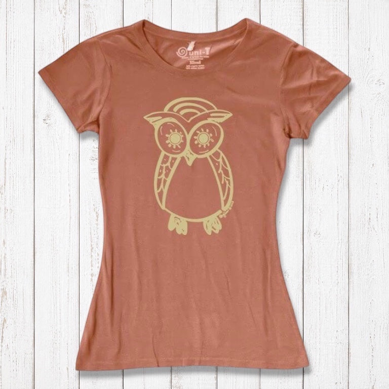Terracotta Women’s Owl T-Shirt in bamboo and organic cotton with gold owl print, sustainable wildlife-themed gift for women.