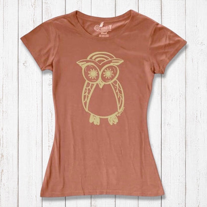 Terracotta Women’s Owl T-Shirt in bamboo and organic cotton with gold owl print, sustainable wildlife-themed gift for women.