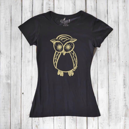 Black Women’s Owl T-Shirt with gold owl print, crafted from bamboo and organic cotton, sustainable and stylish top for nature lovers.