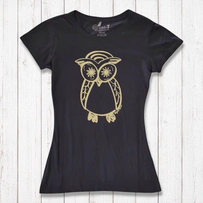 Black Women’s Owl T-Shirt with gold owl print, crafted from bamboo and organic cotton, sustainable and stylish top for nature lovers.