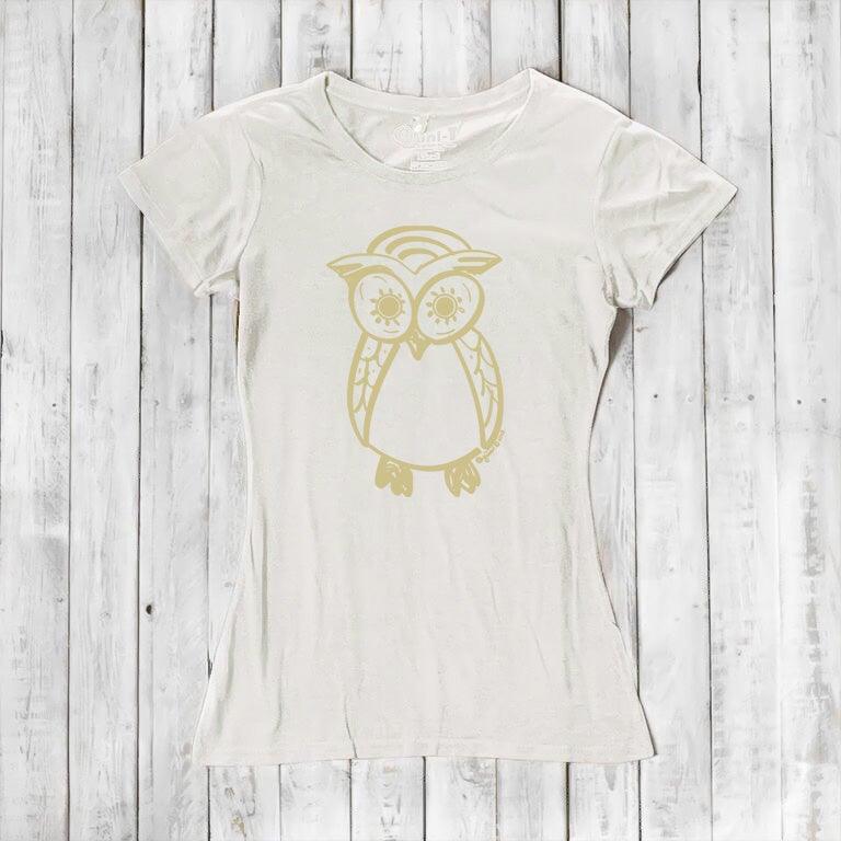 Ivory Women’s Owl T-Shirt made from bamboo and organic cotton, featuring a subtle gold owl graphic, eco-conscious fashion by Uni-T.