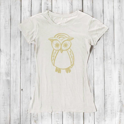 Ivory Women’s Owl T-Shirt made from bamboo and organic cotton, featuring a subtle gold owl graphic, eco-conscious fashion by Uni-T.