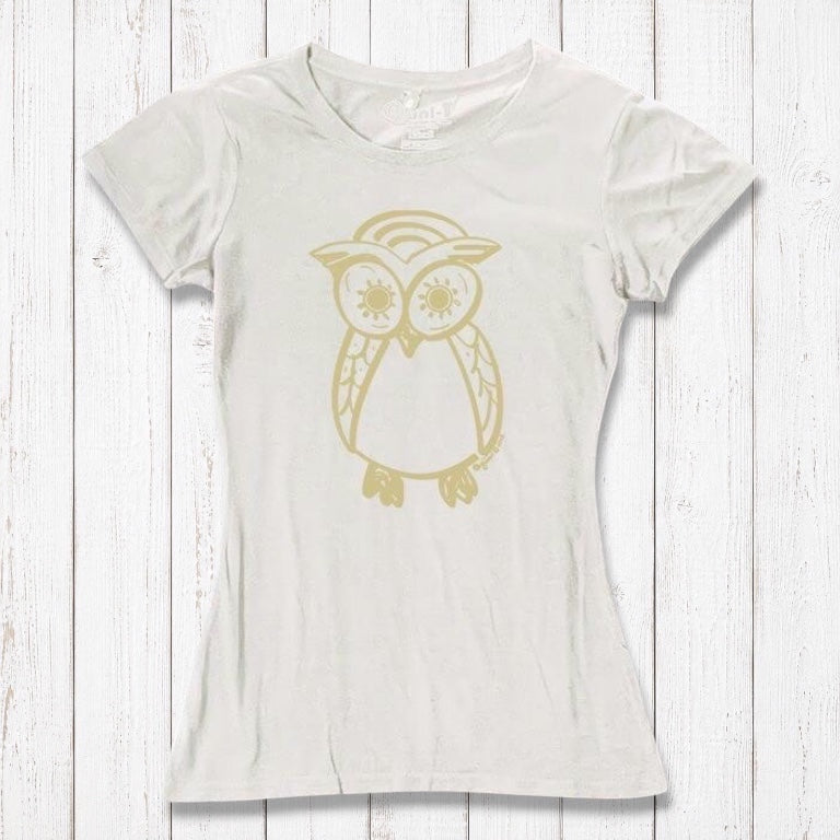 Ivory Women’s Owl T-Shirt made from bamboo and organic cotton, featuring a subtle gold owl graphic, eco-conscious fashion by Uni-T.