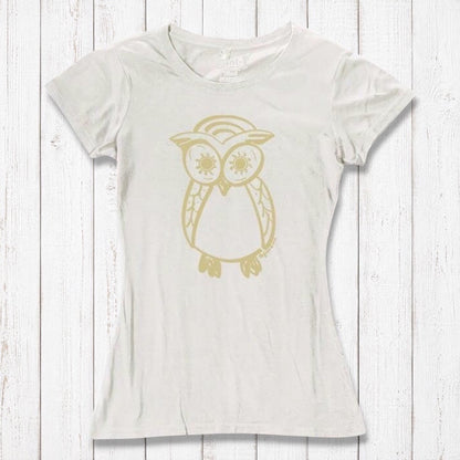 Ivory Women’s Owl T-Shirt made from bamboo and organic cotton, featuring a subtle gold owl graphic, eco-conscious fashion by Uni-T.