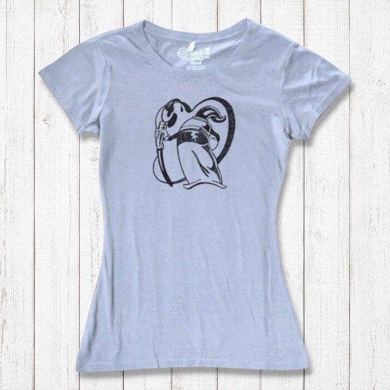 Women's artist t-shirt in light gray bamboo and organic cotton with 'Paint More' graphic by Eujin Kim Neilan. Eco-friendly gift for creatives.