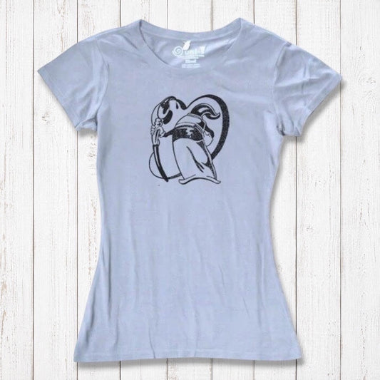 Women's artist t-shirt in light gray bamboo and organic cotton with 'Paint More' graphic by Eujin Kim Neilan. Eco-friendly gift for creatives.
