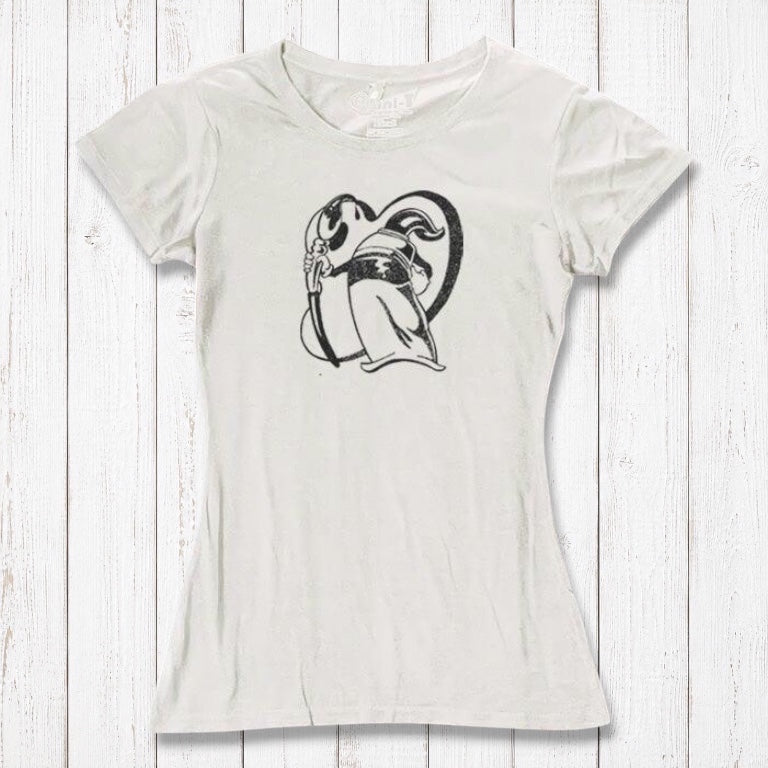 Sustainable ivory women's t-shirt featuring Uni-T's 'Paint More' artwork by Eujin Kim Neilan. Soft bamboo and organic cotton blend.