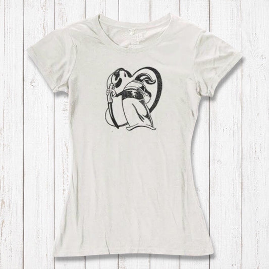 Sustainable ivory women's t-shirt featuring Uni-T's 'Paint More' artwork by Eujin Kim Neilan. Soft bamboo and organic cotton blend.