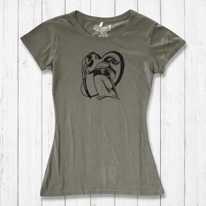 Olive green bamboo and organic cotton women's tee with artistic 'Paint More' print by Eujin Kim Neilan. Ideal gift for artists and creators.