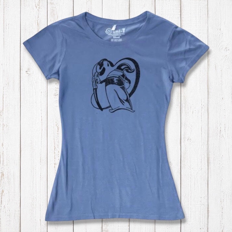 Blue women's graphic t-shirt in bamboo and organic cotton with 'Paint More' design by Eujin Kim Neilan. Comfortable and eco-conscious apparel.