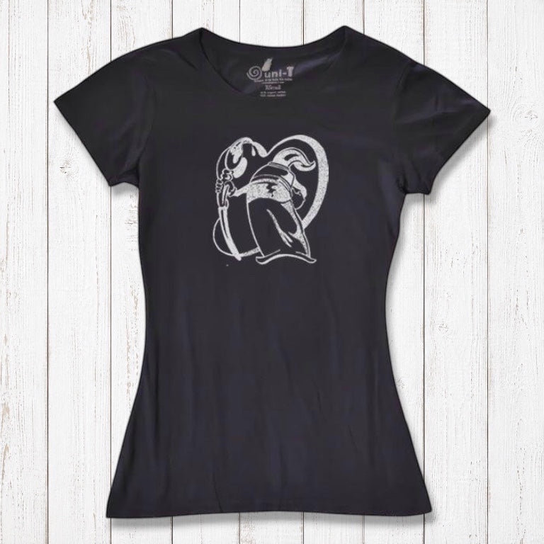 Black women's artist t-shirt made from bamboo and organic cotton with 'Paint More' design by Eujin Kim Neilan. Stylish and sustainable wear.
