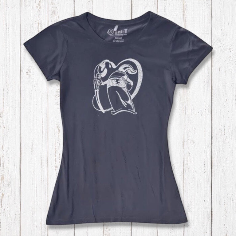 Charcoal gray bamboo and organic cotton women's t-shirt with 'Paint More' artwork by Eujin Kim Neilan. Perfect for creative gift-giving.