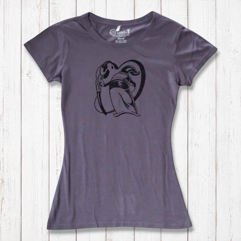 Plum purple women's bamboo and organic cotton tee with 'Paint More' design by Eujin Kim Neilan. Sustainable fashion for artists and dreamers.