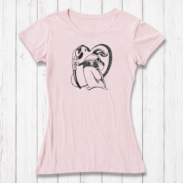 Pink bamboo and organic cotton women's t-shirt with 'Paint More' artwork by Eujin Kim Neilan. Soft, artistic gift for creative women.