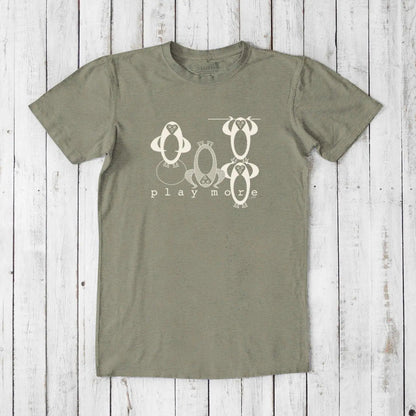 Men's Play T-Shirt in bamboo & organic cotton in olive green with quirky penguin characters and 'Play More' lettering, relaxed fit weekend tee.
