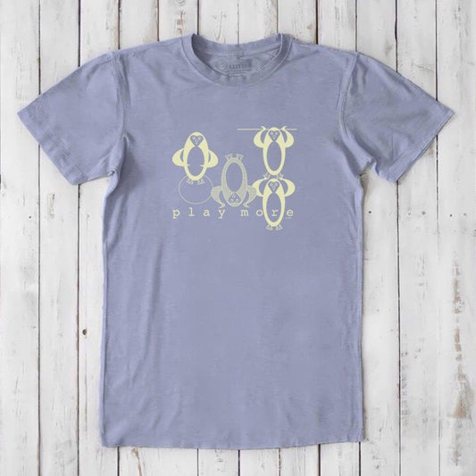 Men's Play T-Shirt in bamboo & organic cotton in light lavender with playful penguin graphic and 'Play More' text, classic fit weekend tee.