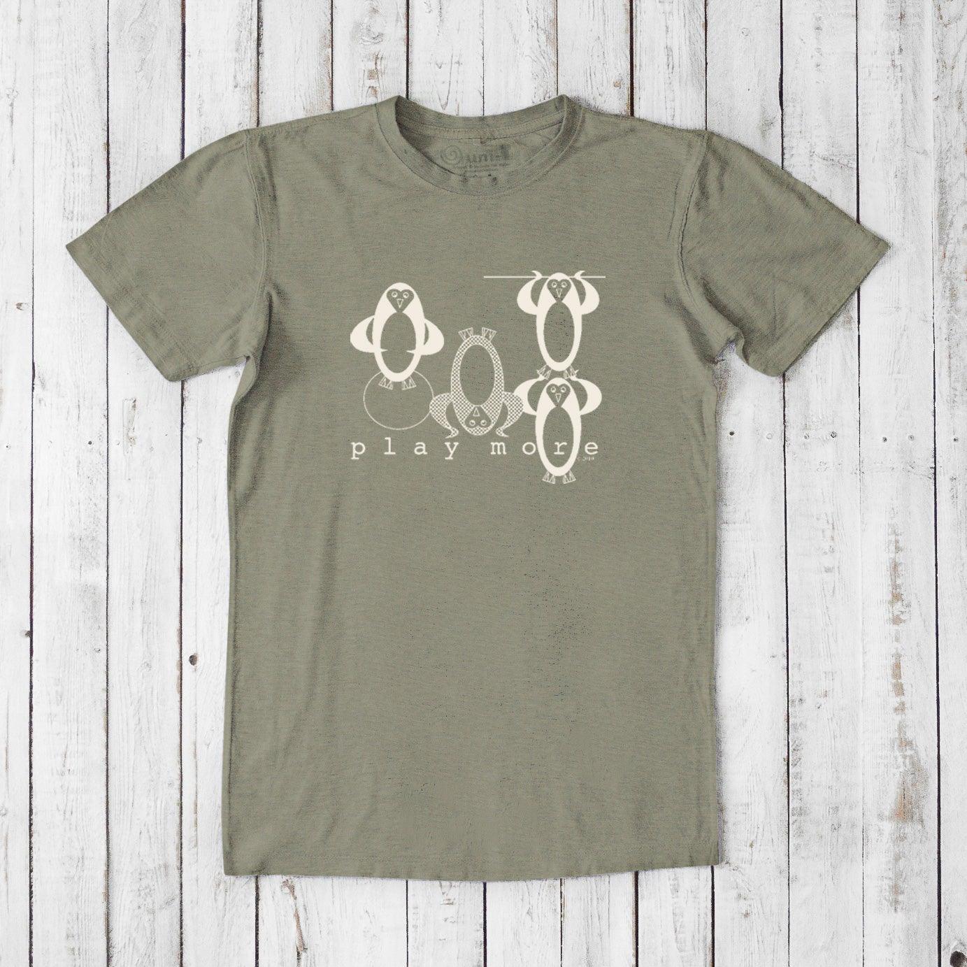 Men's Play T-Shirt in bamboo & organic cotton in sage green with cute penguin print and 'Play More' message, soft sustainable casual wear.