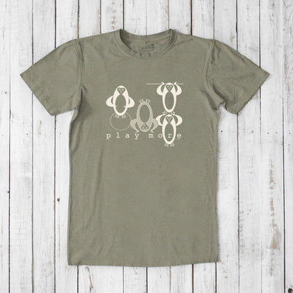 Men's Play T-Shirt in bamboo & organic cotton in sage green with cute penguin print and 'Play More' message, soft sustainable casual wear.