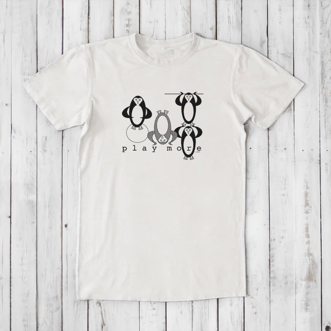 Men's Play T-Shirt in bamboo & organic cotton in off-white with black penguin graphic and 'Play More' phrase, sustainable fun graphic tee.