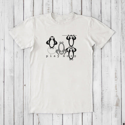 Men's Play T-Shirt in bamboo & organic cotton in off-white with black penguin graphic and 'Play More' phrase, sustainable fun graphic tee.