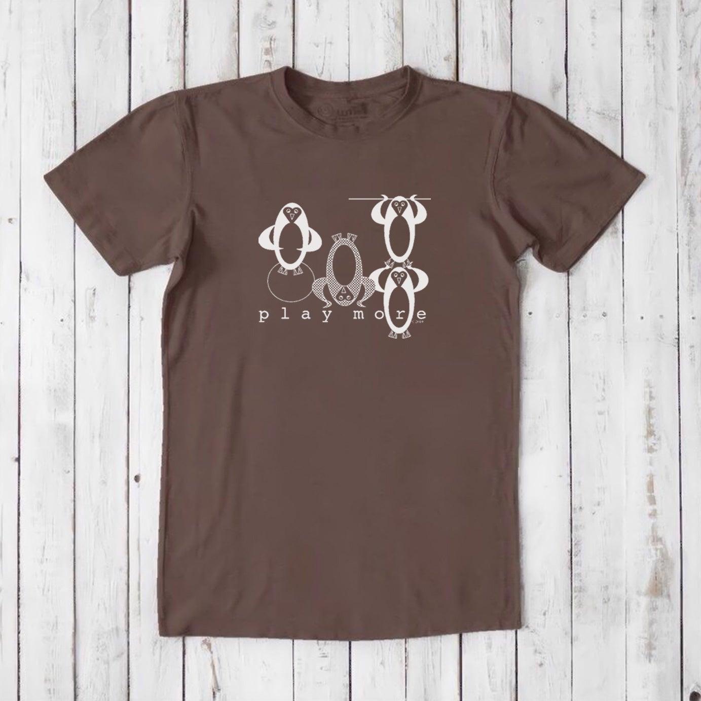Men's Play T-Shirt in bamboo & organic cotton in chocolate brown with fun penguin artwork and 'Play More' text, eco-friendly gift idea.