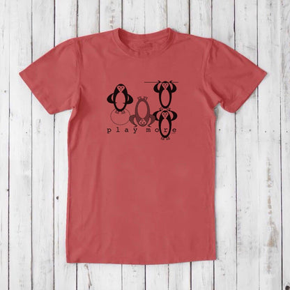 Men's Play T-Shirt in bamboo & organic cotton in coral red with black penguin graphic and 'Play More' text, classic fit fun tee for men.