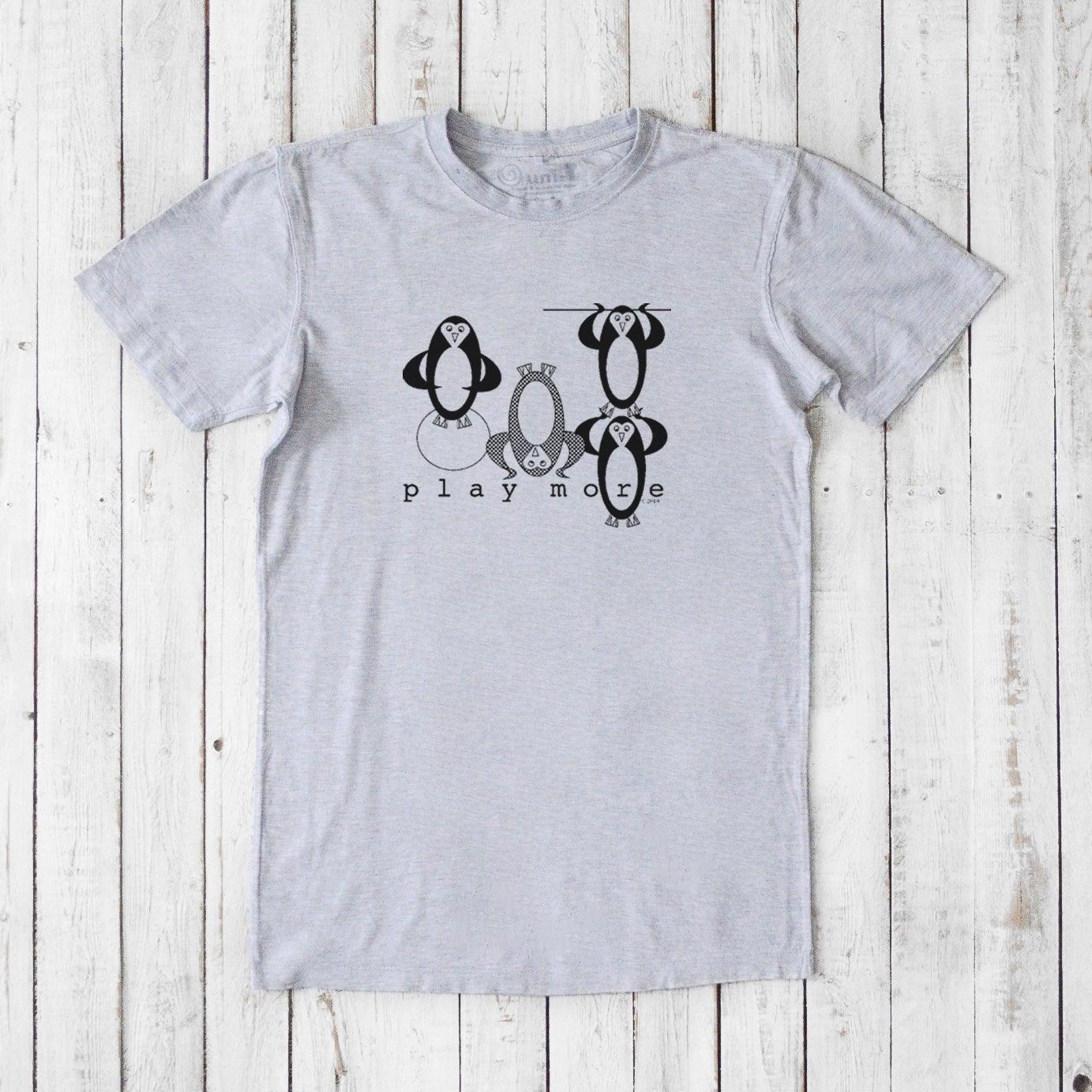 Men's Play T-Shirt in bamboo & organic cotton in heather gray with black penguin design and 'Play More' text, soft eco-conscious casual shirt.