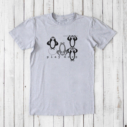 Men's Play T-Shirt in bamboo & organic cotton in heather gray with black penguin design and 'Play More' text, soft eco-conscious casual shirt.
