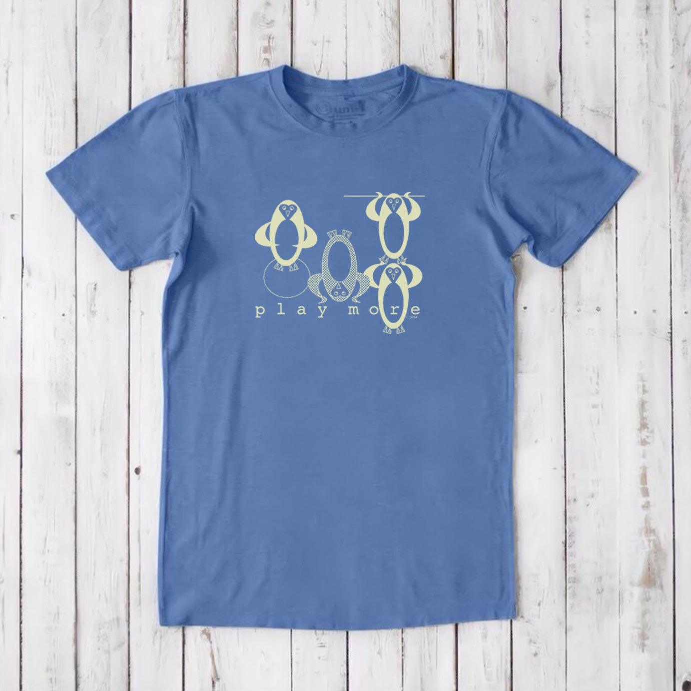 Men's Play T-Shirt in bamboo & organic cotton in ocean blue with light penguin illustration and 'Play More' slogan, fun and comfy weekend wear.