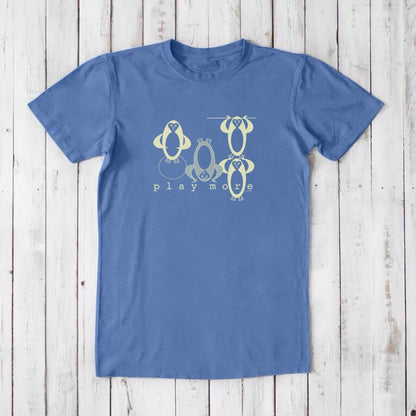 Men's Play T-Shirt in bamboo & organic cotton in ocean blue with light penguin illustration and 'Play More' slogan, fun and comfy weekend wear.