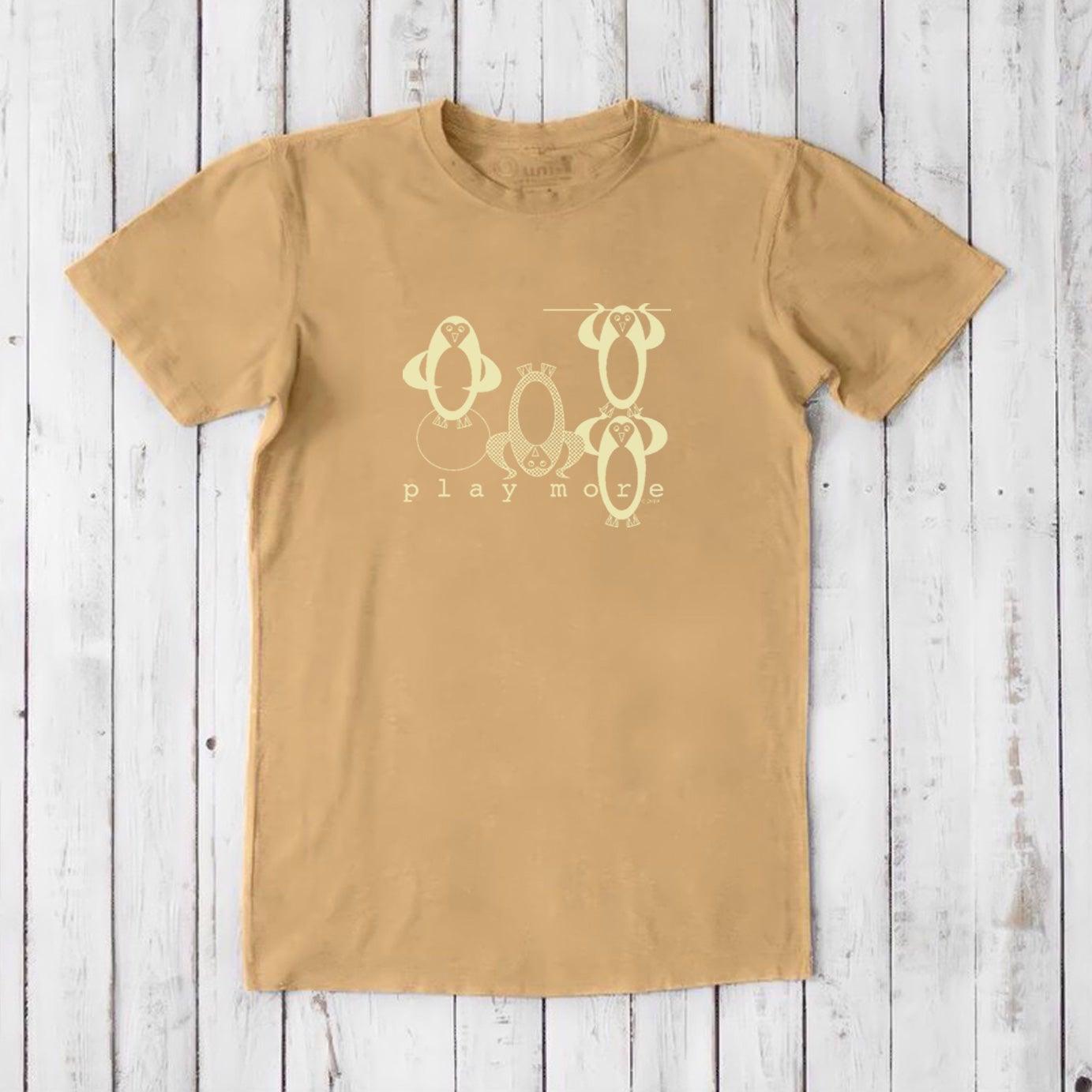 Men's Play T-Shirt in bamboo & organic cotton in mustard yellow with light penguin illustration and 'Play More' slogan, relaxed fit gift tee.
