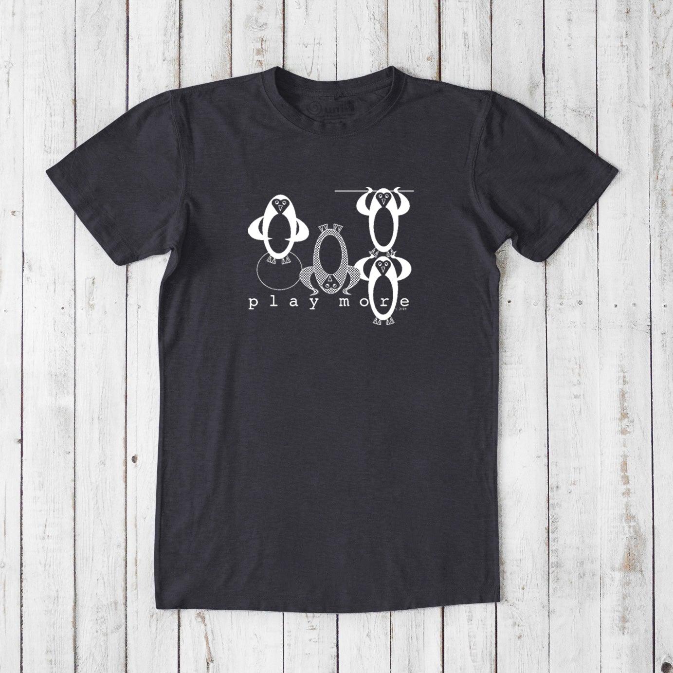 Men's Play T-Shirt in bamboo & organic cotton in charcoal gray with white penguin design and 'Play More' text, sustainable fun weekend shirt.