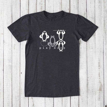 Men's Play T-Shirt in bamboo & organic cotton in charcoal gray with white penguin design and 'Play More' text, sustainable fun weekend shirt.