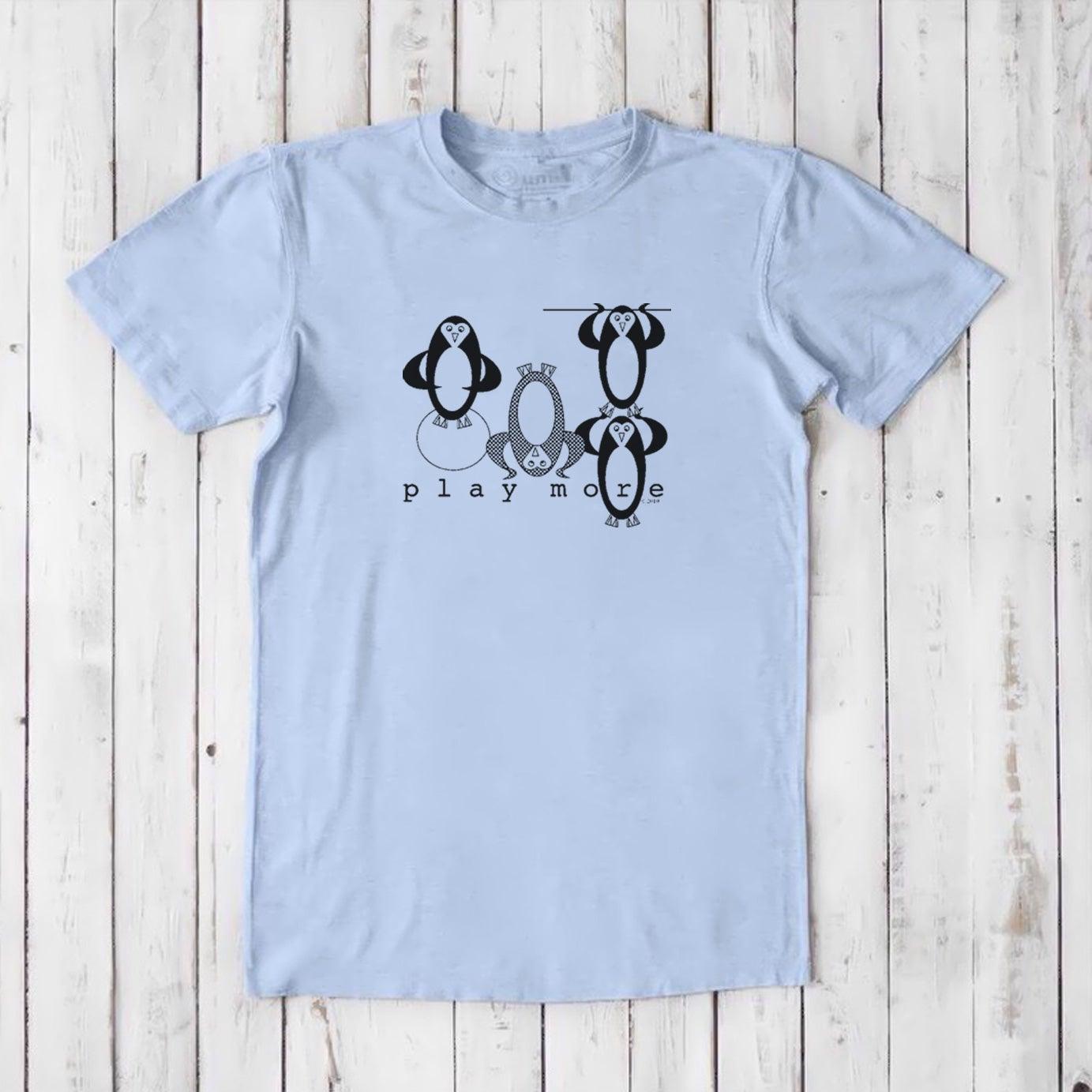Men's Play T-Shirt in bamboo & organic cotton in light blue with black penguin artwork and 'Play More' phrase, soft and eco-friendly tee.