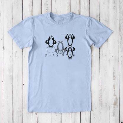 Men's Play T-Shirt in bamboo & organic cotton in light blue with black penguin artwork and 'Play More' phrase, soft and eco-friendly tee.
