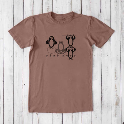 Men's Play T-Shirt in bamboo & organic cotton in light brown with black penguin print and 'Play More' message, eco-friendly casual wear.