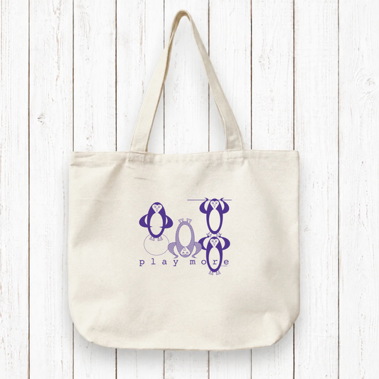 Penguin Gift Organic Tote Bag - Play More Design in eco-friendly canvas featuring playful penguin artwork. Ideal for daily use or gifting.