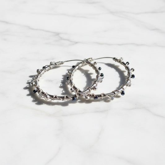 Silver Plated Hoop Earrings with Hematite Beads