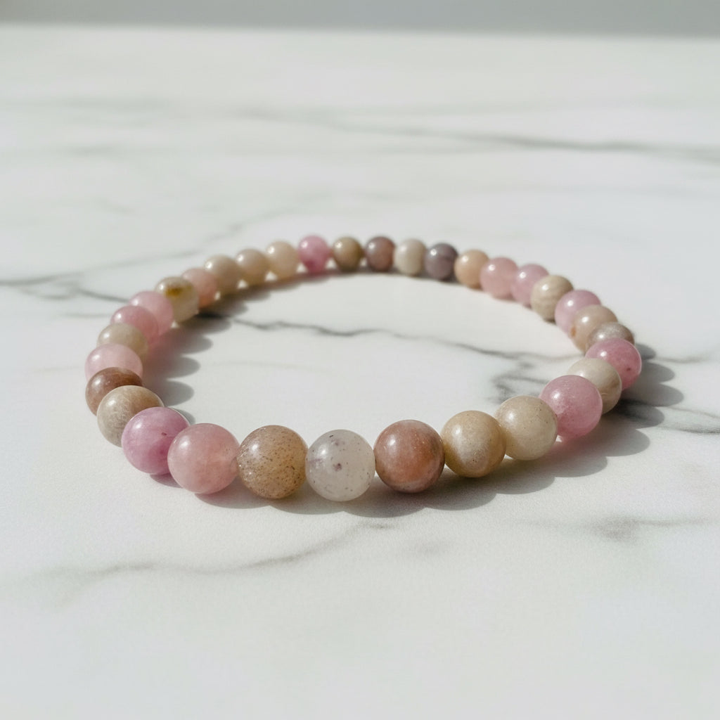 Peach gemstone stretch bracelet on white marble surface